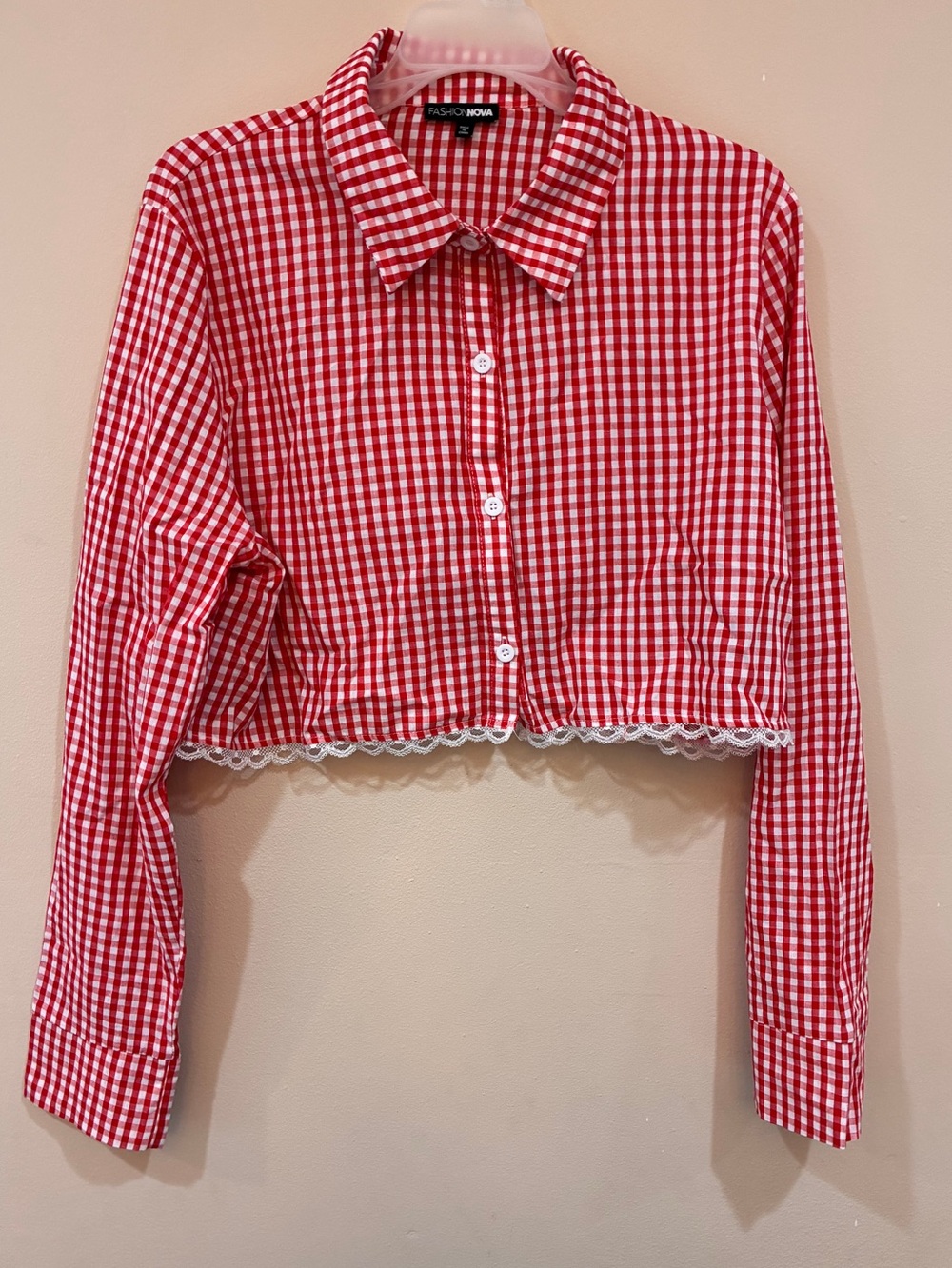 Fashion Nova Red & White Gingham Cropped Lace-Hem button down long‎ sleeve Shirt